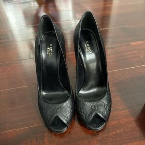 Gucci Black Embossed Peep-Toe Heels